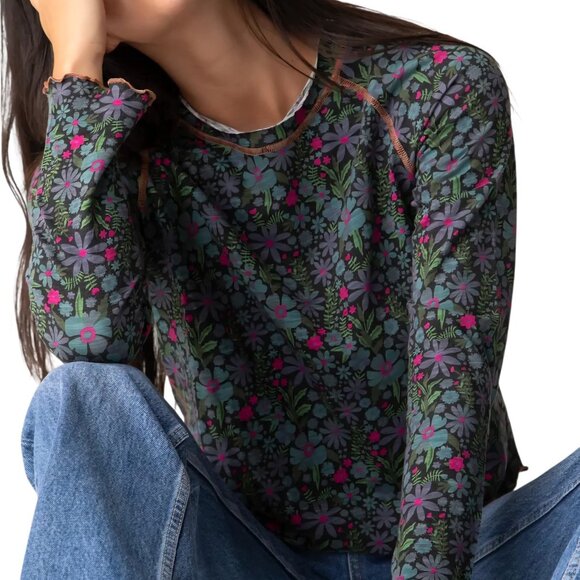 NATURAL LIFE Floral Long Sleeve lettuce hem Lily Tee shirt top Multicolor - Picture 1 of 7